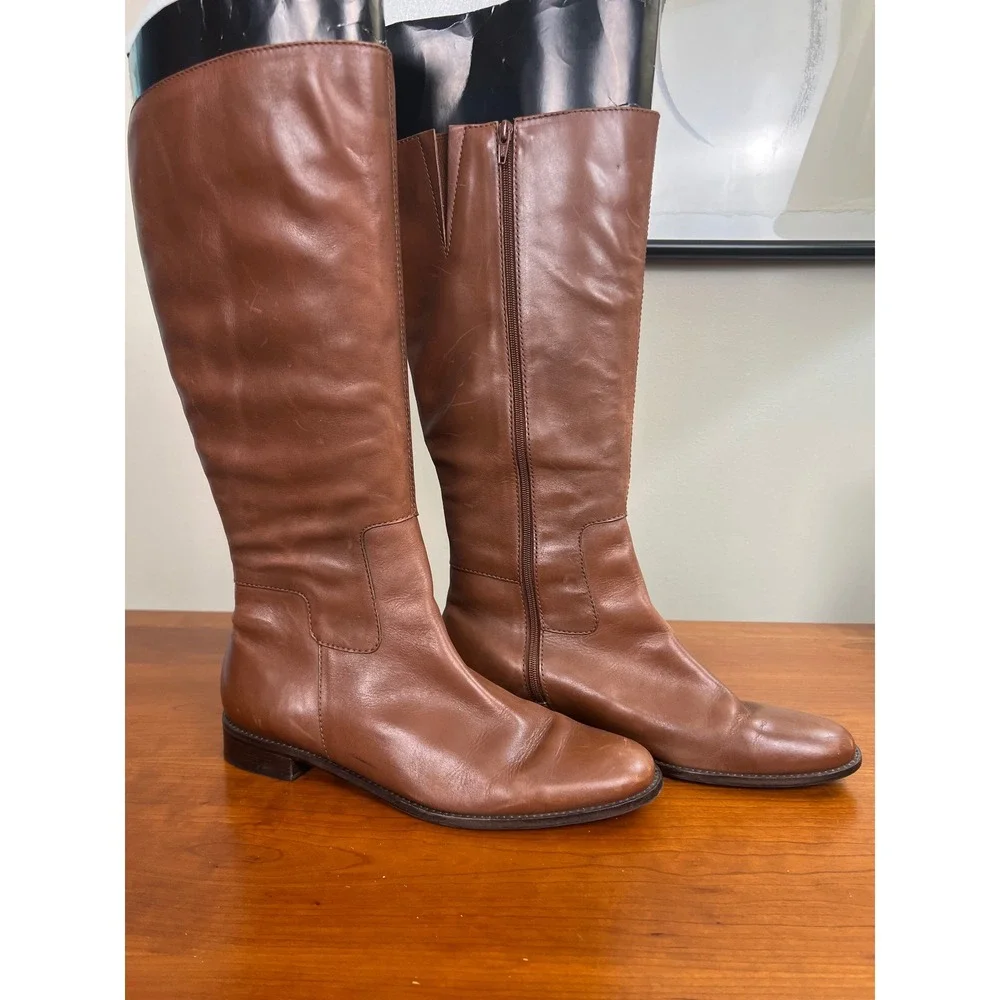 Talbots Womens Cognac Brown Leather Knee High Riding Boots Size 8 Made in Brazil